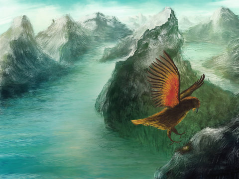 Wide and dreamy environment scenery with  mountains, waterscape and flying bird - Digital Painting