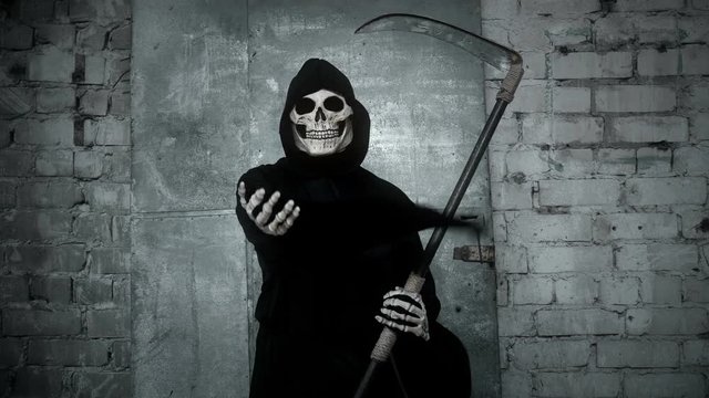death with a scythe waving his hand, inviting to go with her