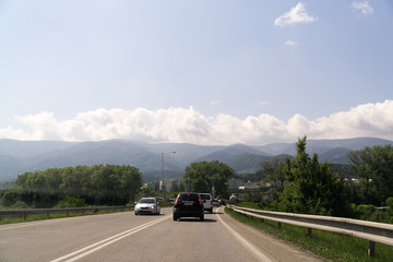 Sunset on the road with traffic. Slovakia	