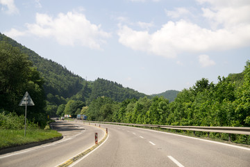 Sunset on the road with traffic. Slovakia	