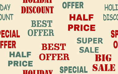 Seamless background with promotional offers, seasonal and holiday sale.