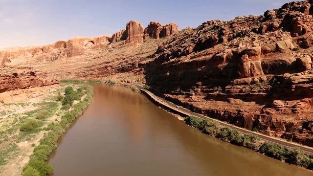 The City of Moab Utah, United States. Red rock landscapes,  Colorado River.  Aerial view, from above, drone shot
