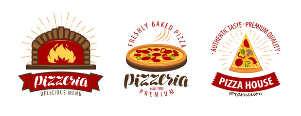 Pizza, pizzeria logo or symbol. Labels for menu design restaurant or cafe. Vector illustration