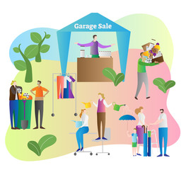 Garage sale vector illustration. Store and shop organize in house yard property to sell old and used items, things and household products. Process to clean your home.