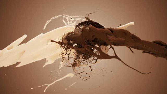 Milk and chocolate splash in slow motion. 3D animation of white and brown liquid cream drops splash isolated on brown. Alpha matte included for compositing. 4K bright white and dark design element