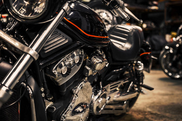 Fototapeta na wymiar Motorcycle motor details engine. Closeup of chromed motorcycle engine. Motorcycle engine engine exhaust pipes