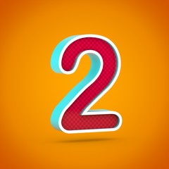 Fototapeta premium Red number 2 with carbon fiber texture isolated on hot orange background.