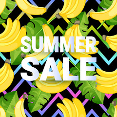 SUMMER SALE card with a pattern of flat style banana with palm leaves on abstract zigzag background.