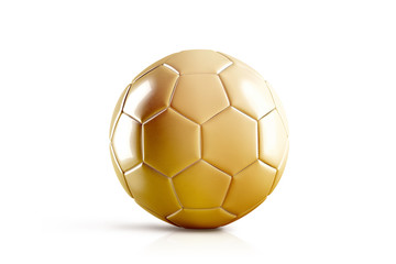 Blank golden soccer ball mock up, front view, isolated, 3d rendering. Glossy gold football sphere mockup. Sport bal for playing on the clean field template © Alexandr Bognat