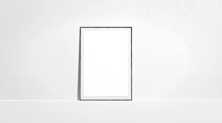 Blank white paper poster mock up stand at gallery wall, front view, isolated, 3d rendering. Empty...