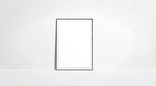 Blank white paper poster mock up stand at gallery wall, front view, isolated, 3d rendering. Empty placard with frame in museum mockup. Clear photo art cadre template