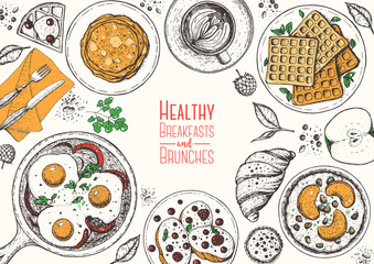 Breakfasts top view frame. Morning food menu design. Breakfast and brunches dishes collection. Vintage hand drawn sketch, vector illustration. Engraved style.
