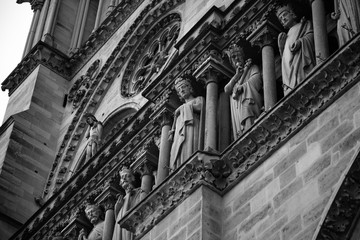 Sculptures of the western facade of Notre Dame de Paris. Statues of saints and kings