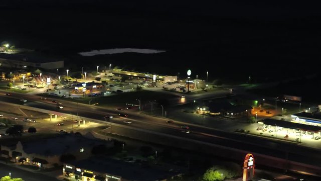 Aerial drone footage night Tanger Outlets San Marcos Texas 4k