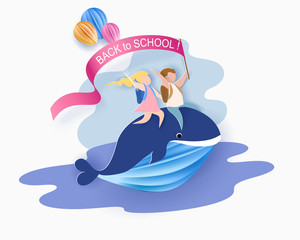 Back to school 1 september card with kids sitting on whale flying in sky background. Vector illustration. Paper cut and craft style.
