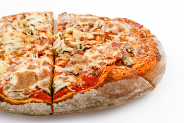 Pizza BBQ with bacon, chicken and cheese on a white background. Isolate. Close-up