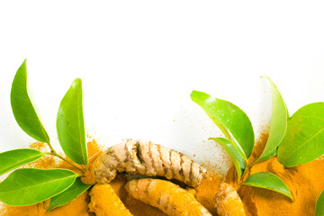 Turmeric roots and powder isolated on white