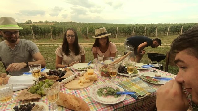 freunde machen eine garten party mit rustikalem essen und trinken wein im weinberg.