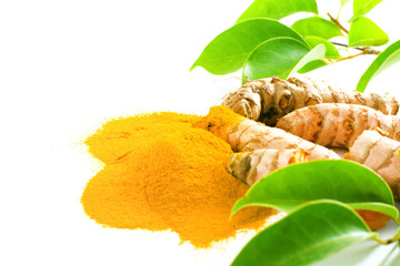 Turmeric roots and powder isolated on white