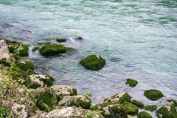 river boulders covered with green moss