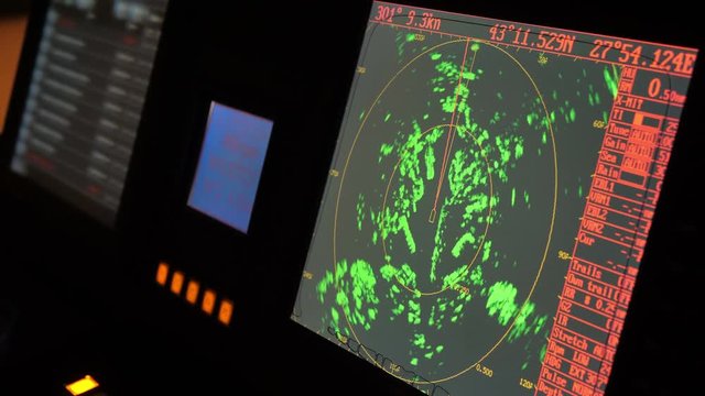 Radar monitor in a ship. Ship and cruise yacht navigation screens during sea maneuvers
