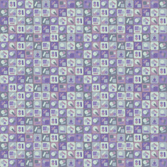 Vector squares tile purple with drawings from geometric shapes of different tones with a glare seamless pattern.