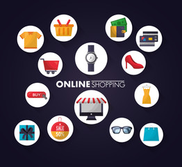 online shopping stickers clothes credit cards high heels car shop bag colors vector illustration