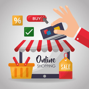 online shopping hand holding credit card basket sale discount vector illustration