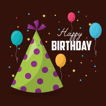 happy birthday party hat balloons serpentine celebration vector illustration