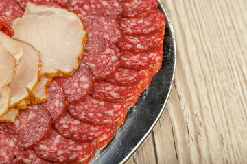 Sausage cuts of different varieties on a plate.