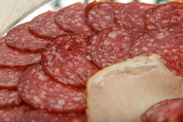 Sausage cuts of different varieties on a plate.