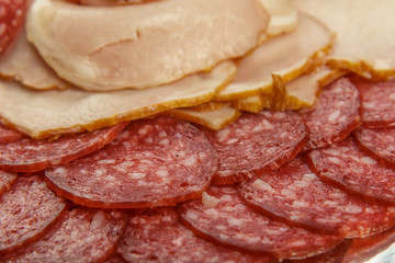 Sausage cuts of different varieties on a plate.