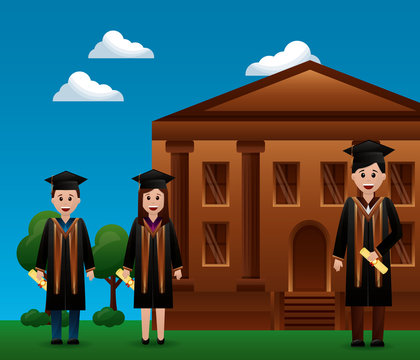 congratulations graduation school building studens outdoor smiling vector illustration