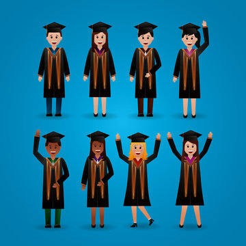 congratulations graduation degrade background students smiling greeting hands up holding certificate vector illustration
