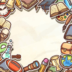 Hand drawn colorful school cartoons frame.