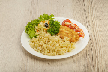 Pasta with a piece of grilled meat and salad.