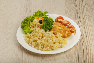 Pasta with a piece of grilled meat and salad.