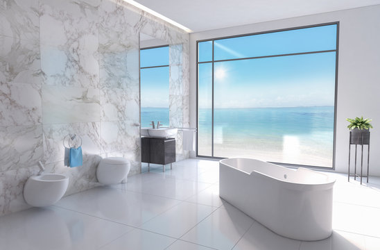 White bathroom with sea view