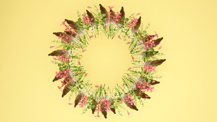 Wreaths of brown feather pink flowers, white flowers and leaves on yellow background. Artwork for summer season. Wreaths of flowers and space for add message. 3D Illustration.