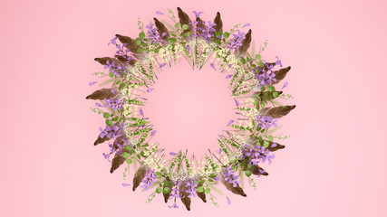 Wreaths of brown feather pink flowers, white flowers and leaves on pink background. Artwork for autumn season. Wreaths of flowers and space for add message. 3D Illustration.