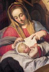 ANTWERP, BELGIUM - SEPTEMBER 5, 2013: The detail of with the child Madonna by unknown painter in Saint Pauls church (Paulskerk).
