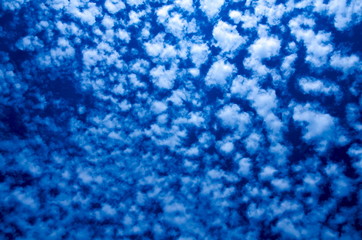 
A bright blue background consisting of clouds of jerky structure in computer processing.