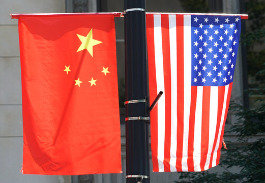 hanging national flags of China and USA
