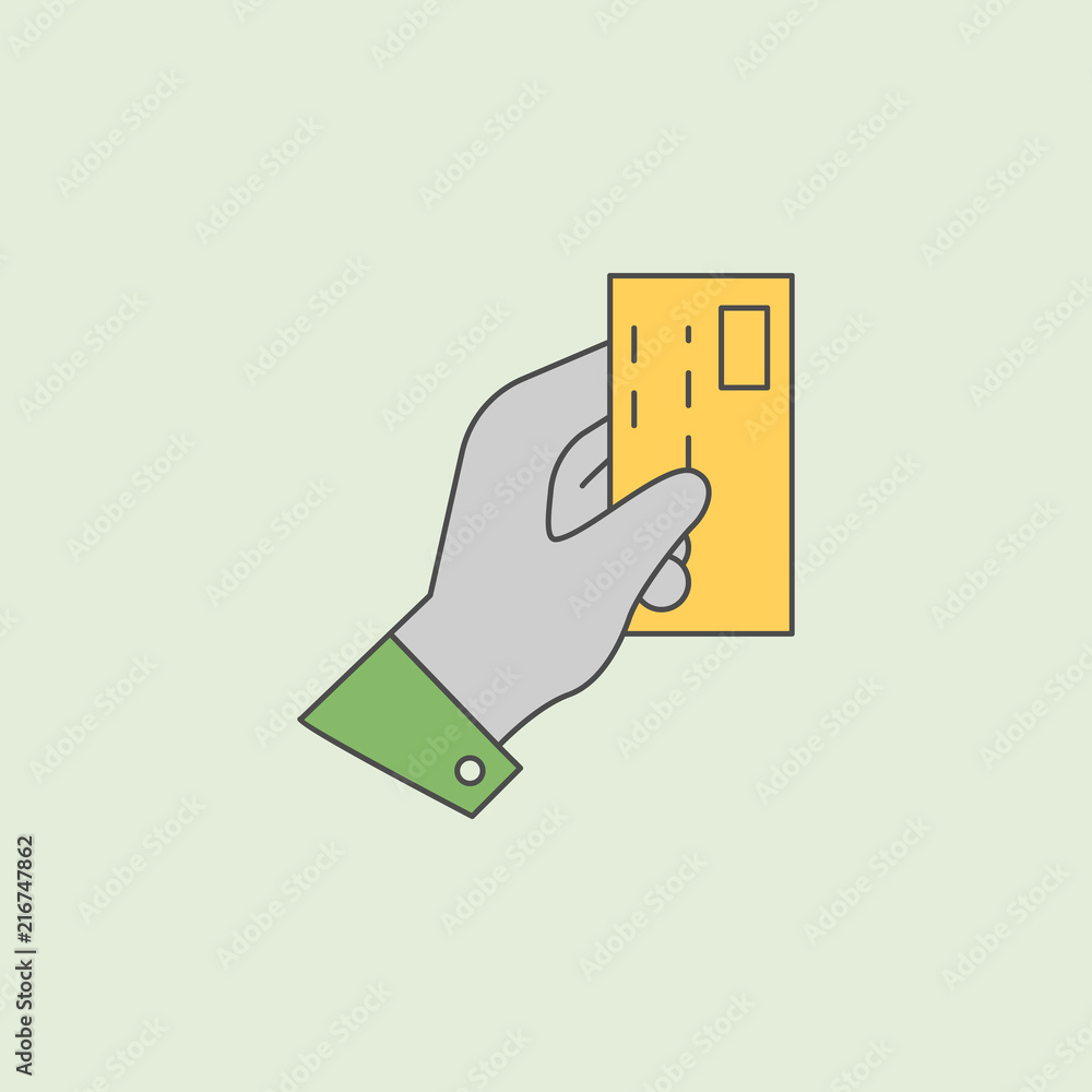 Poster hand holds a credit card icon. element of banking icon for mobile concept and web apps. field outlin