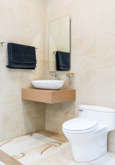 Obraz na płótnie Canvas Modern spacious bathroom with bright tiles with toilet and sink.