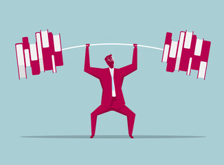 Businessman lifts weights ,barbell is made up of books. The background is blue.
