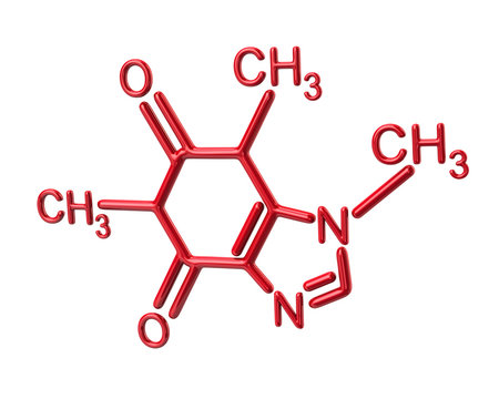 Red caffeine molecule chemical structure 3d illustration on white background