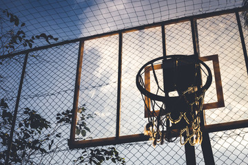Side and bottom view from a basketball hoop in a daylight. Through this image we can see everything...