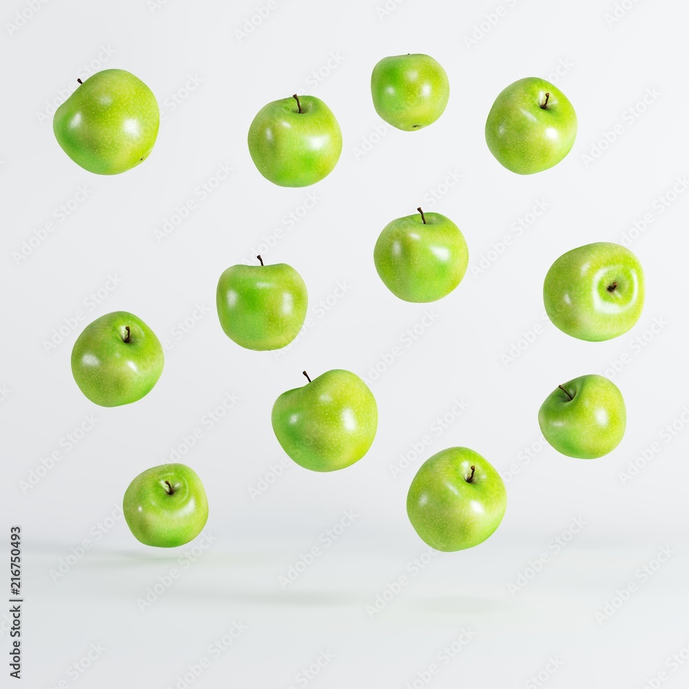 Wall mural green apples floating on white background. minimal idea food concept.