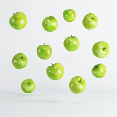 Green Apples Floating on white background. minimal idea food concept.
